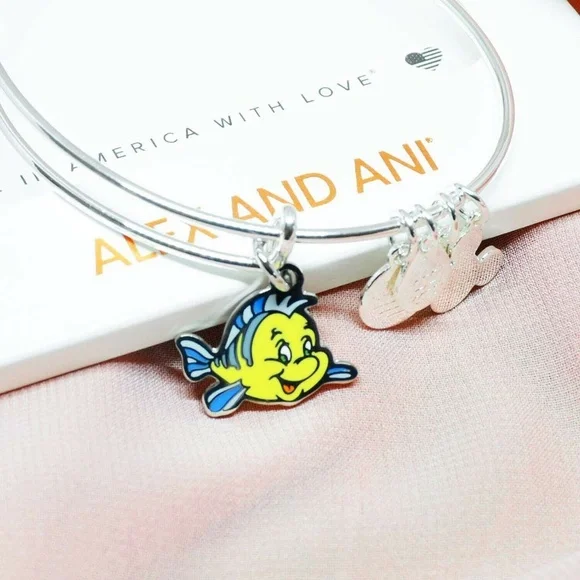 Disney Park Alex & Ani Ariel Little Mermaid Flounder Silver Bracelet Bangle NEW - Picture 2 of 3